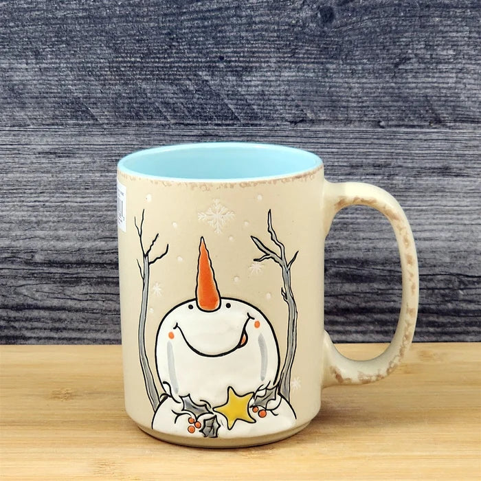 Winter Snowman Christmas Coffee Mug Holiday Cup Tan 18oz Ceramic Blue Sky