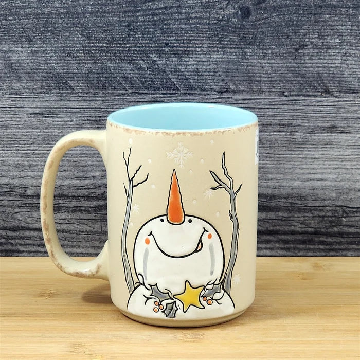 Winter Snowman Christmas Coffee Mug Holiday Cup Tan 18oz Ceramic Blue Sky
