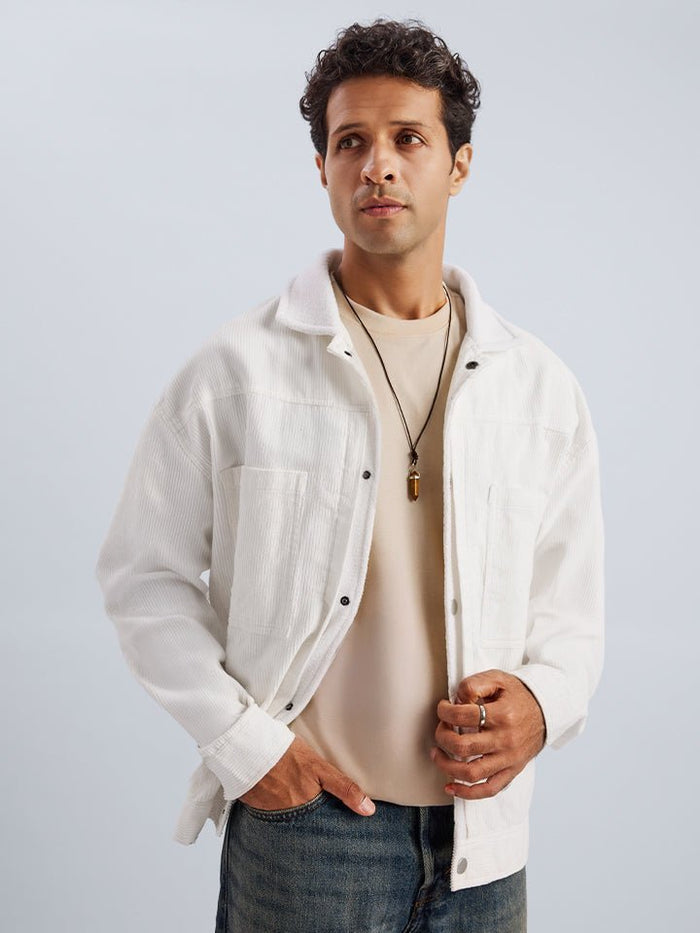 Pinnacle White Woven Cotton Corduroy Jacket