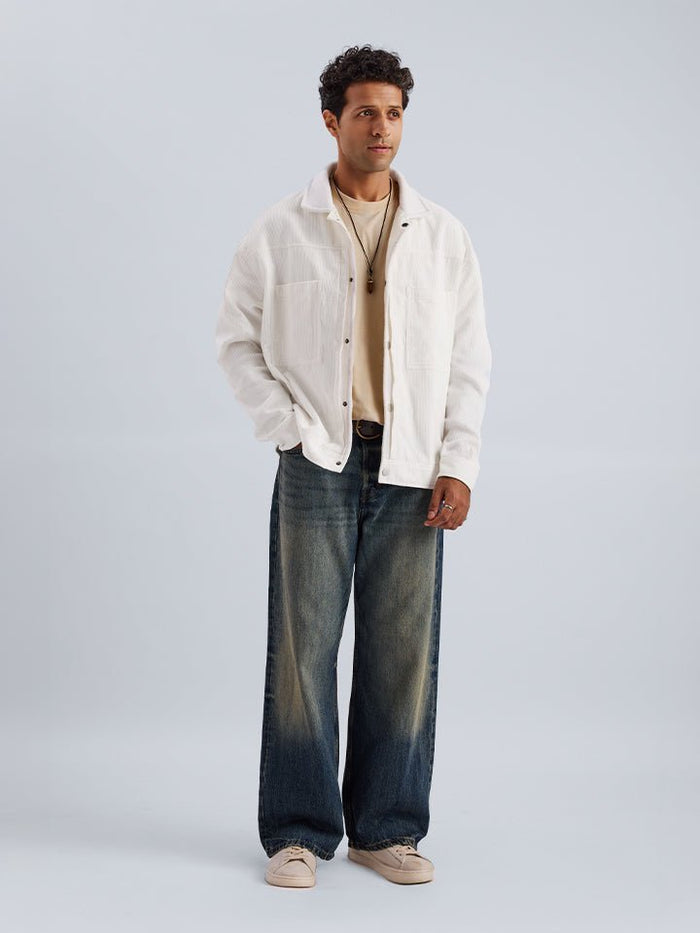 Pinnacle White Woven Cotton Corduroy Jacket