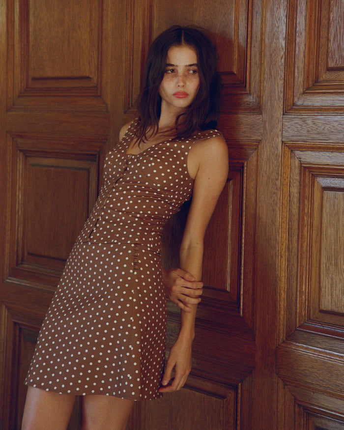 Wren Midi Skirt in Maple brown polka dot A line midi skirt with button up closure