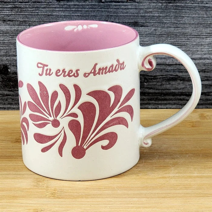 You are Loved Spanish Coffee Mug Cup Ceramic Embossed Pink 21oz by Blue Sky