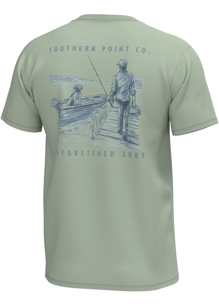 southern point youth short sleeve green t-shirt boy dock boat dog fishing