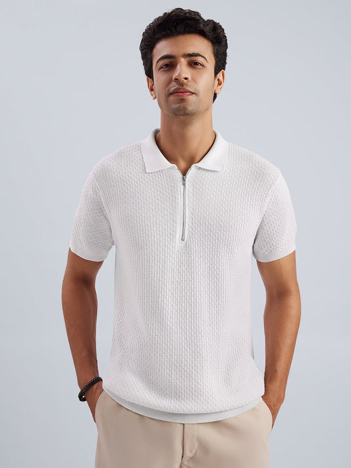 Zipped Cream 100% Cotton Knitted T-Shirt