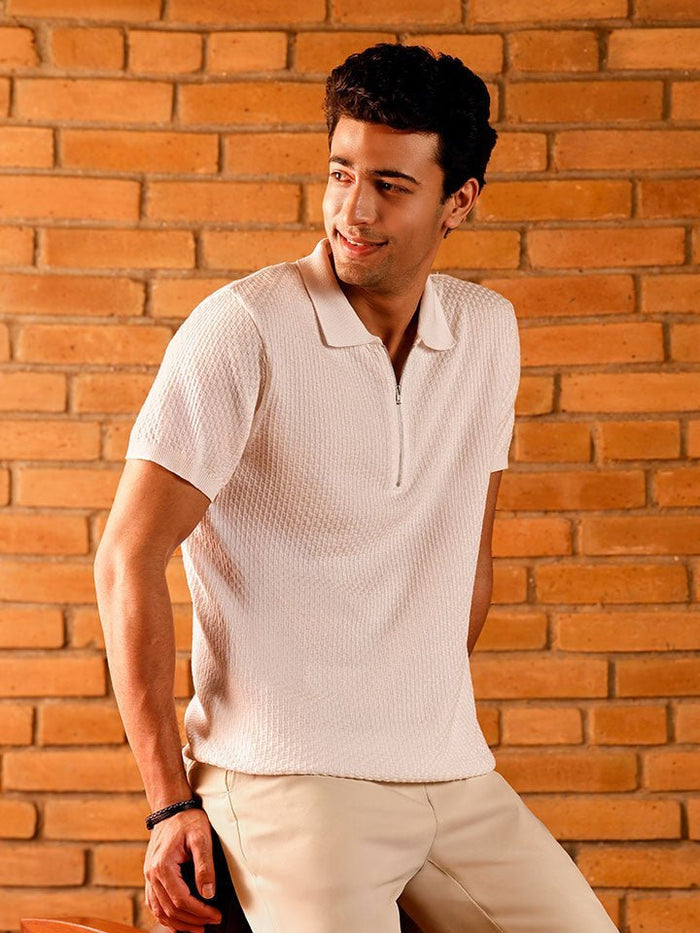 Zipped Cream 100% Cotton Knitted T-Shirt