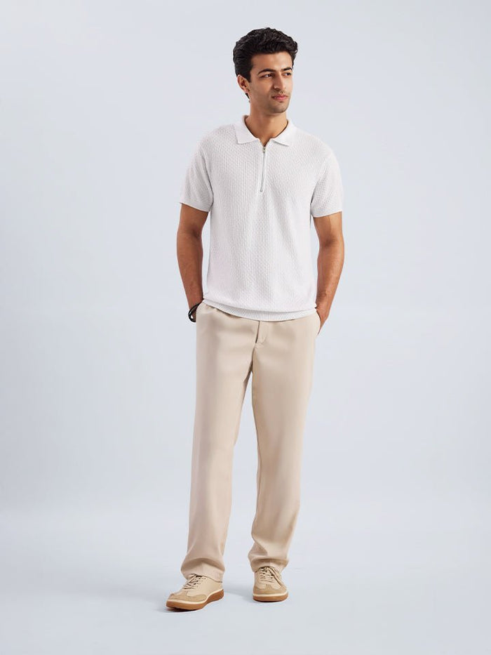 Zipped Cream 100% Cotton Knitted T-Shirt